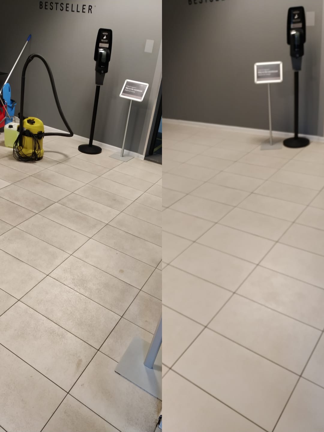 Porównanie płytek podłogowych przed i po czyszczeniu, widoczny odkurzacz przemysłowy i mop obok stanowiska z płynem dezynfekcyjnym.