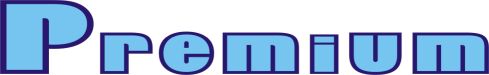 Napis 'Premium' w jasnoniebieskiej czcionce z ciemnoniebieskim obramowaniem, na białym tle.
