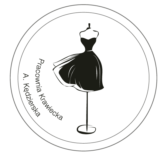Logo pracowni krawieckiej A. Kędzierska przedstawiające czarną sukienkę na manekinie w okręgu.