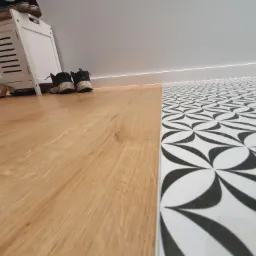Połączenie podłogi drewnopodobnej z wzorzystą, czarno-białą płytką ceramiczną, widoczna biała listwa przypodłogowa i fragment szafki na buty.