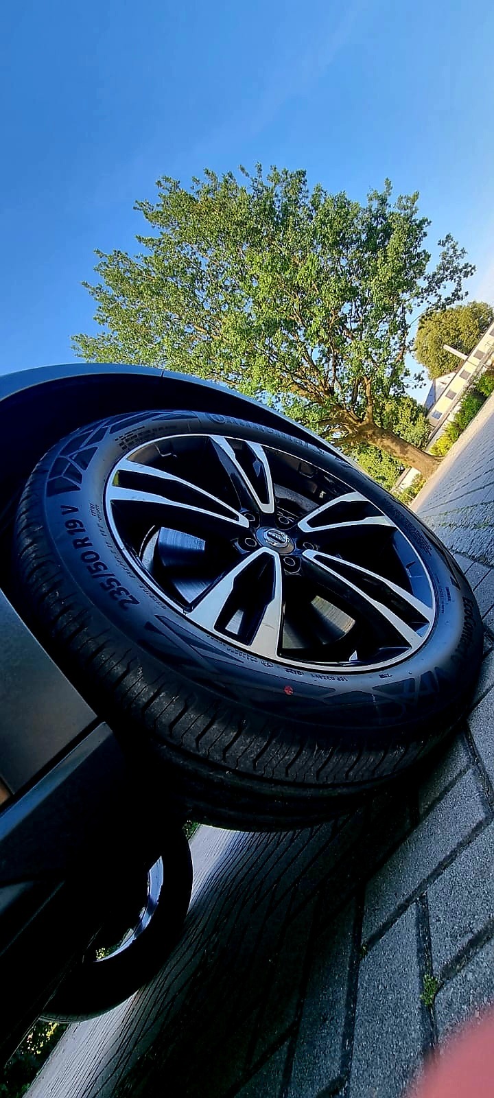 Błyszcząca, czarna felga aluminiowa z oponą 235/50 R19 V na tle błękitnego nieba i korony drzewa.