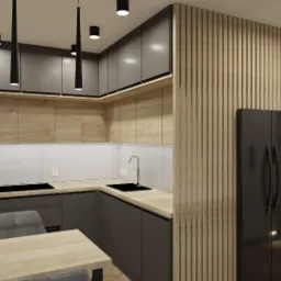 Wizualizacja nowoczesnej kuchni z szarymi szafkami, drewnianymi akcentami, czarnym sprzętem AGD i drewnianą ścianką działową z pionowych listew