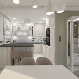 Venosfera Anna Dąbrowska - Wizualizacja jasnej kuchni z wyspą i krzesłami barowymi, wiszącymi lampami oraz przeszkloną witryną.