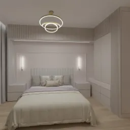 Jasna sypialnia w minimalistycznym stylu z łóżkiem z szarym wezgłowiem, szafkami nocnymi, lampami ściennymi i trzypoziomową okrągłą lampą sufitową.