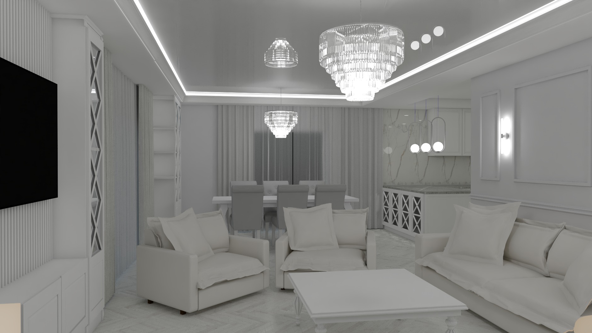 Wizualizacja przestronnego, monochromatycznego wnętrza mieszkania w odcieniach bieli i szarości, z widoczną strefą wypoczynkową, jadalnią i fragmentem kuchni, oświetlonego trzema różnymi żyrandolami.