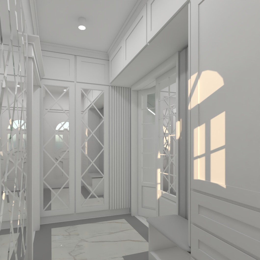 Wizualizacja korytarza z białymi szafami w zabudowie, lustrami z dekoracyjnymi krzyżami, marmurową podłogą i minimalistycznym siedziskiem.