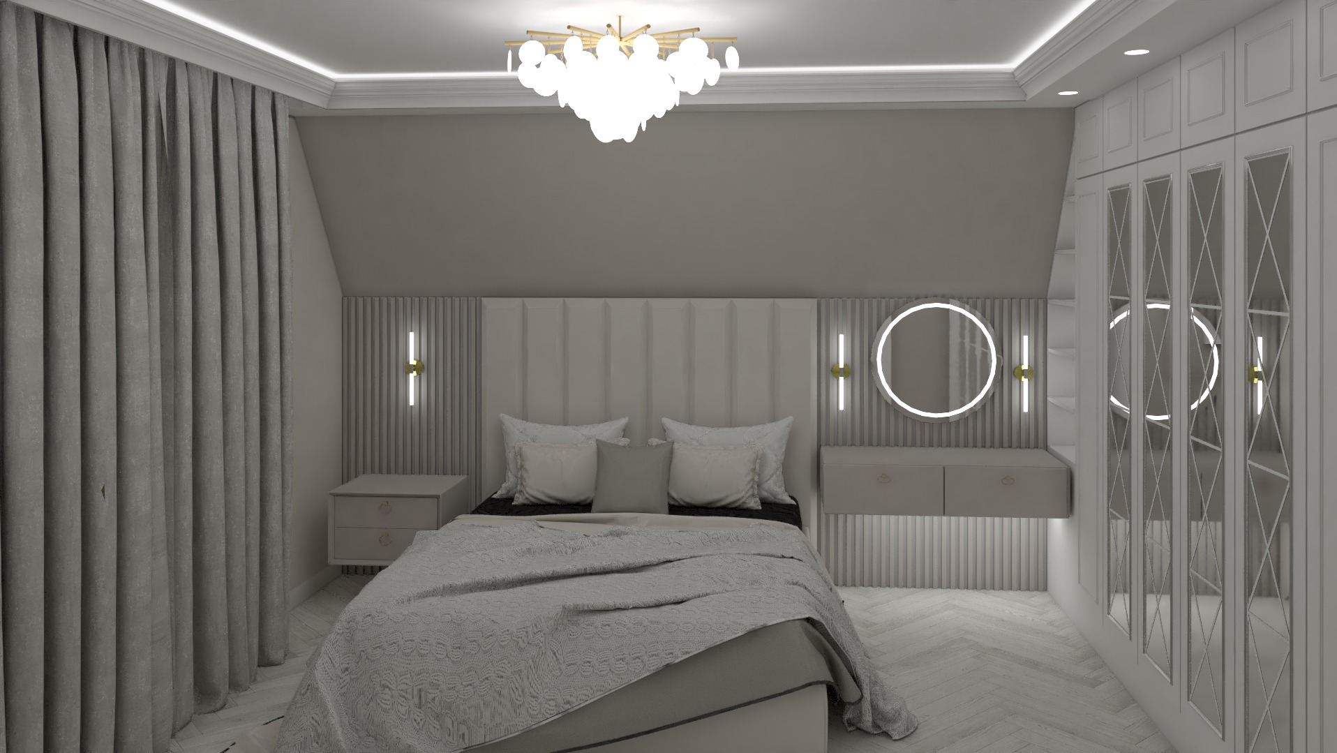 Elegancka sypialnia w odcieniach szarości i bieli z podwójnym łóżkiem, szafkami nocnymi, toaletką z okrągłym podświetlanym lustrem i dużą szafą z lustrzanymi drzwiami.