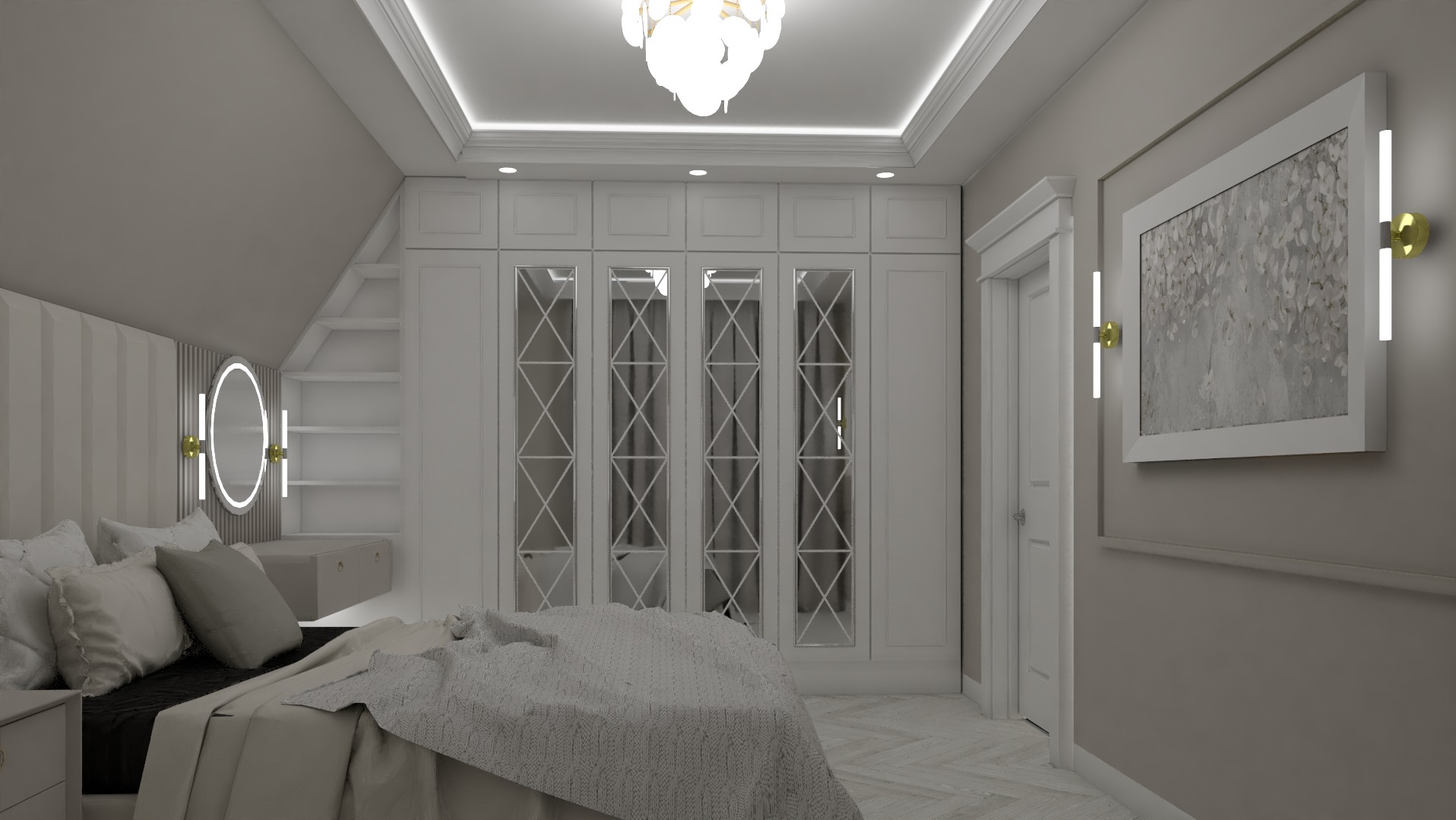 Neutralna sypialnia z łóżkiem, szafą z lustrzanymi drzwiami, toaletką z oświetlonym lustrem i obrazem na ścianie.