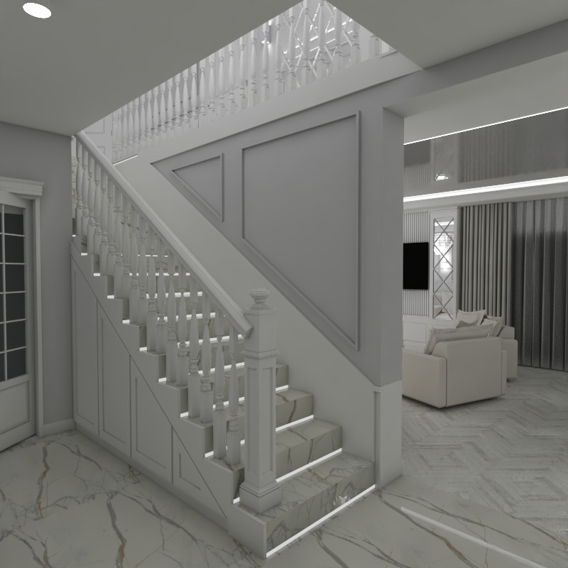 Wizualizacja wnętrza domu: schody z marmurowymi stopniami i podświetleniem LED, białe balustrady i klasyczne panele ścienne, salon z sofą w tle.