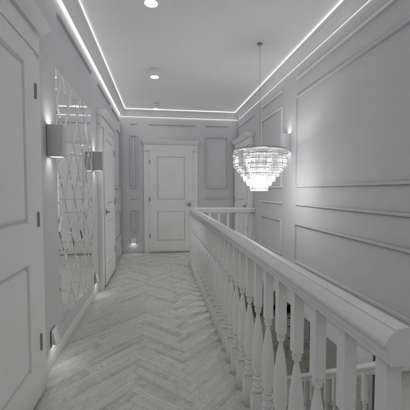 Korytarz w odcieniach bieli z parkietem ułożonym w jodełkę, kryształowym żyrandolem i oświetleniem LED w listwach sufitowych.