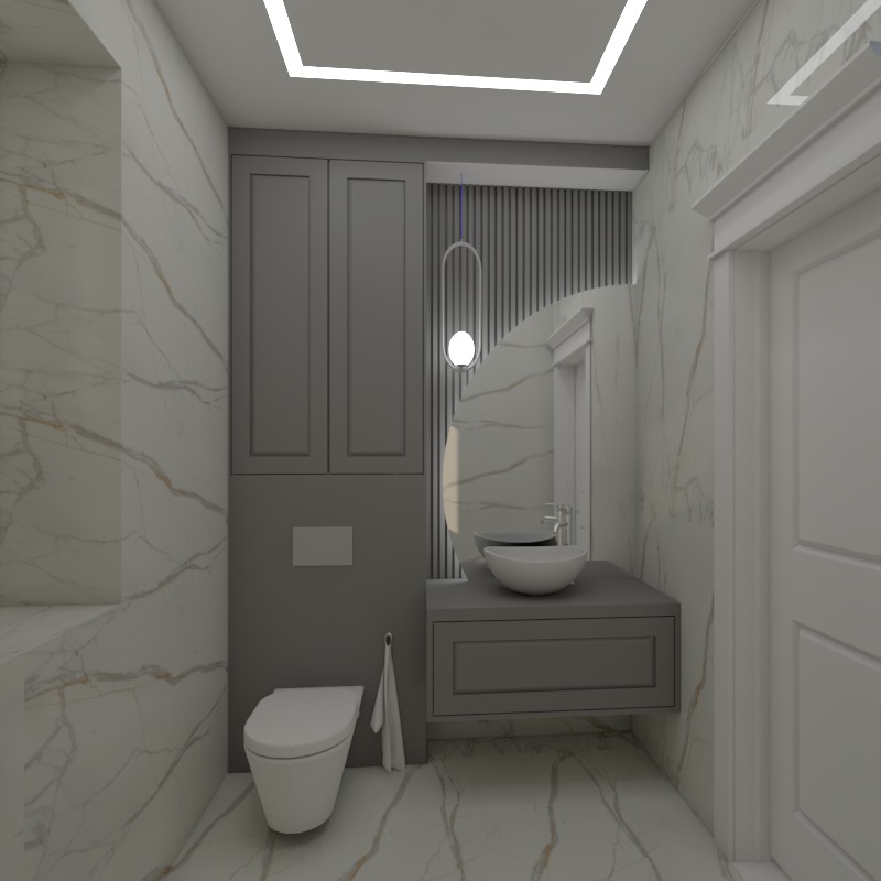 Wizualizacja szarej łazienki z marmurowymi ścianami, wiszącą szafką z umywalką, toaletą i okrągłym lustrem podświetlonym lampą.