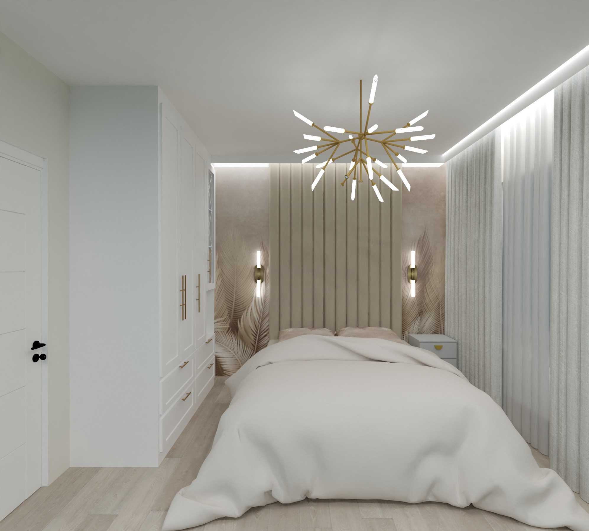 Nowoczesna sypialnia z łóżkiem, szafą w zabudowie, tapicerowanym panelem za wezgłowiem, lampkami ściennymi i designerskim żyrandolem.