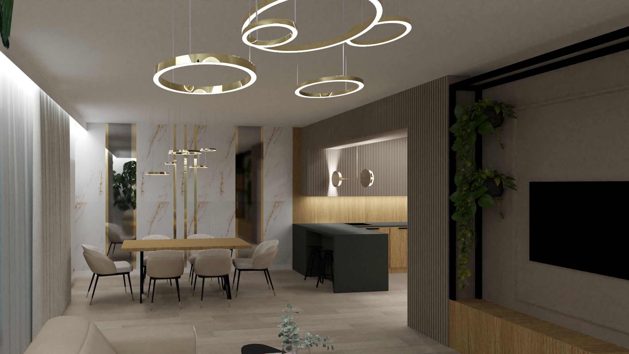 Nowoczesne wnętrze salonu z jadalnią i aneksem kuchennym, oświetlone designerskimi lampami w kształcie okręgów, z elementami marmuru i drewna.