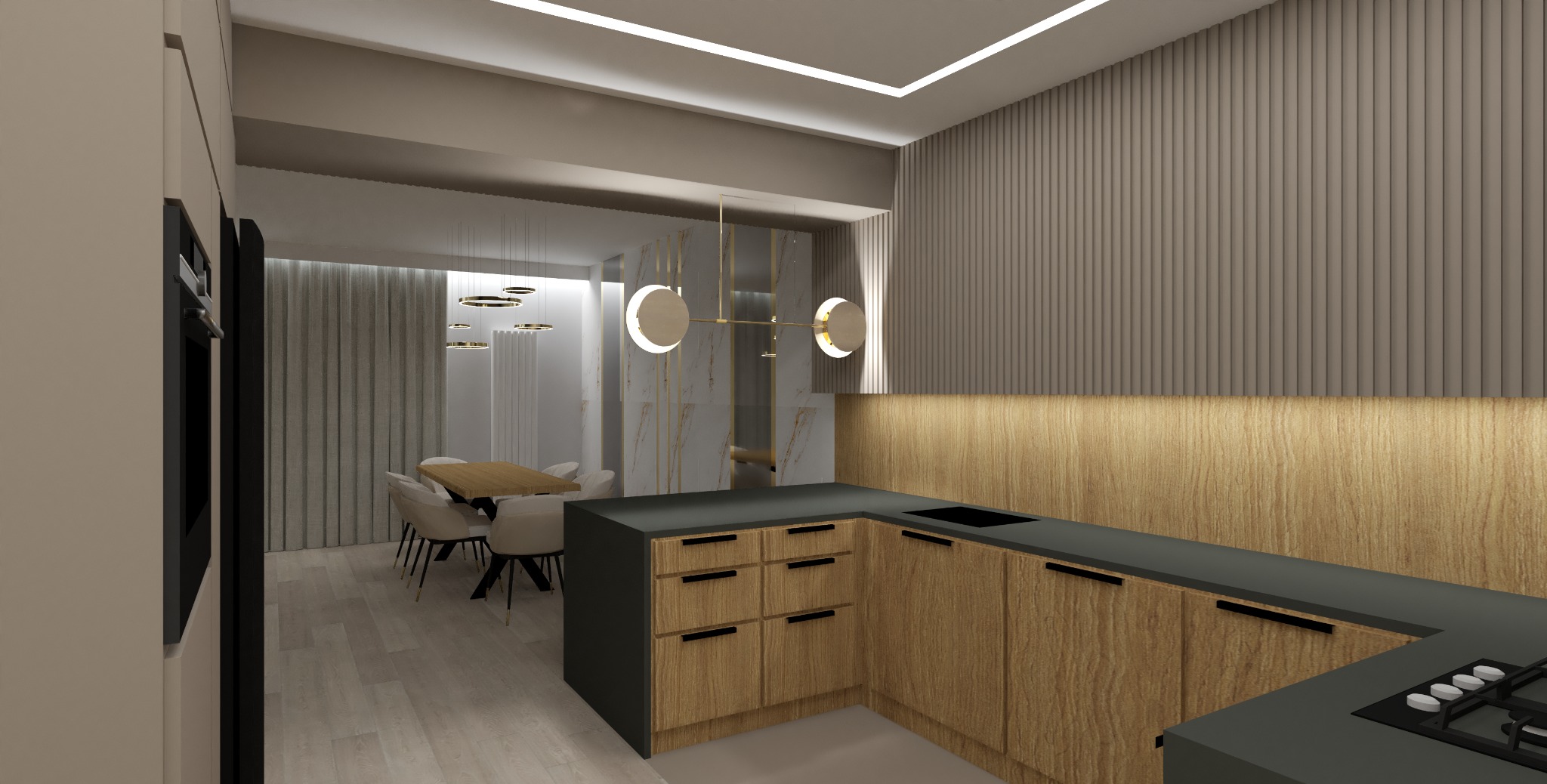 Wizualizacja nowoczesnej kuchni z drewnianymi szafkami i czarnym blatem, widoczny stół jadalny z krzesłami w tle, oświetlenie LED w suficie i dekoracyjne lampy nad stołem.