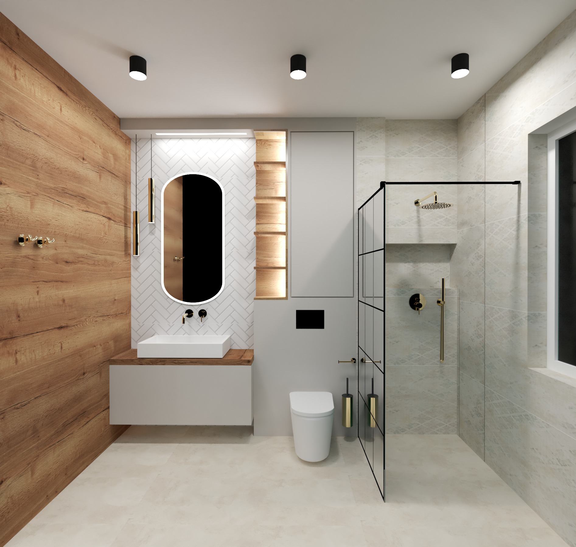 Wizualizacja nowoczesnej łazienki z drewnianą ścianą, owalnym lustrem z podświetleniem LED, białą umywalką nablatową, kabiną prysznicową z czarnymi profilami i złotą armaturą oraz podwieszaną toaletą.