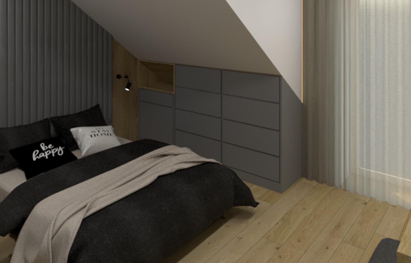 Aranżacja sypialni na poddaszu z łóżkiem, szarą zabudową meblową i drewnianą podłogą.