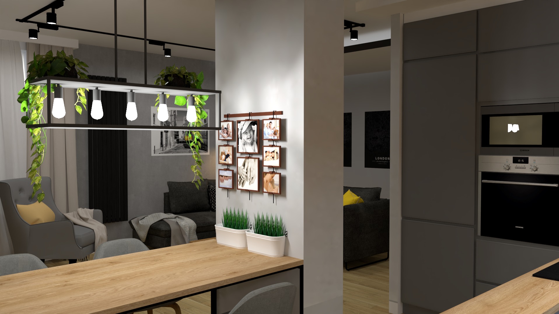 Wizualizacja wnętrza mieszkania z drewnianym stołem, szarą sofą, fotelami i kuchnią w tle, oświetlona lampą z roślinami i dekorowana galerią zdjęć.