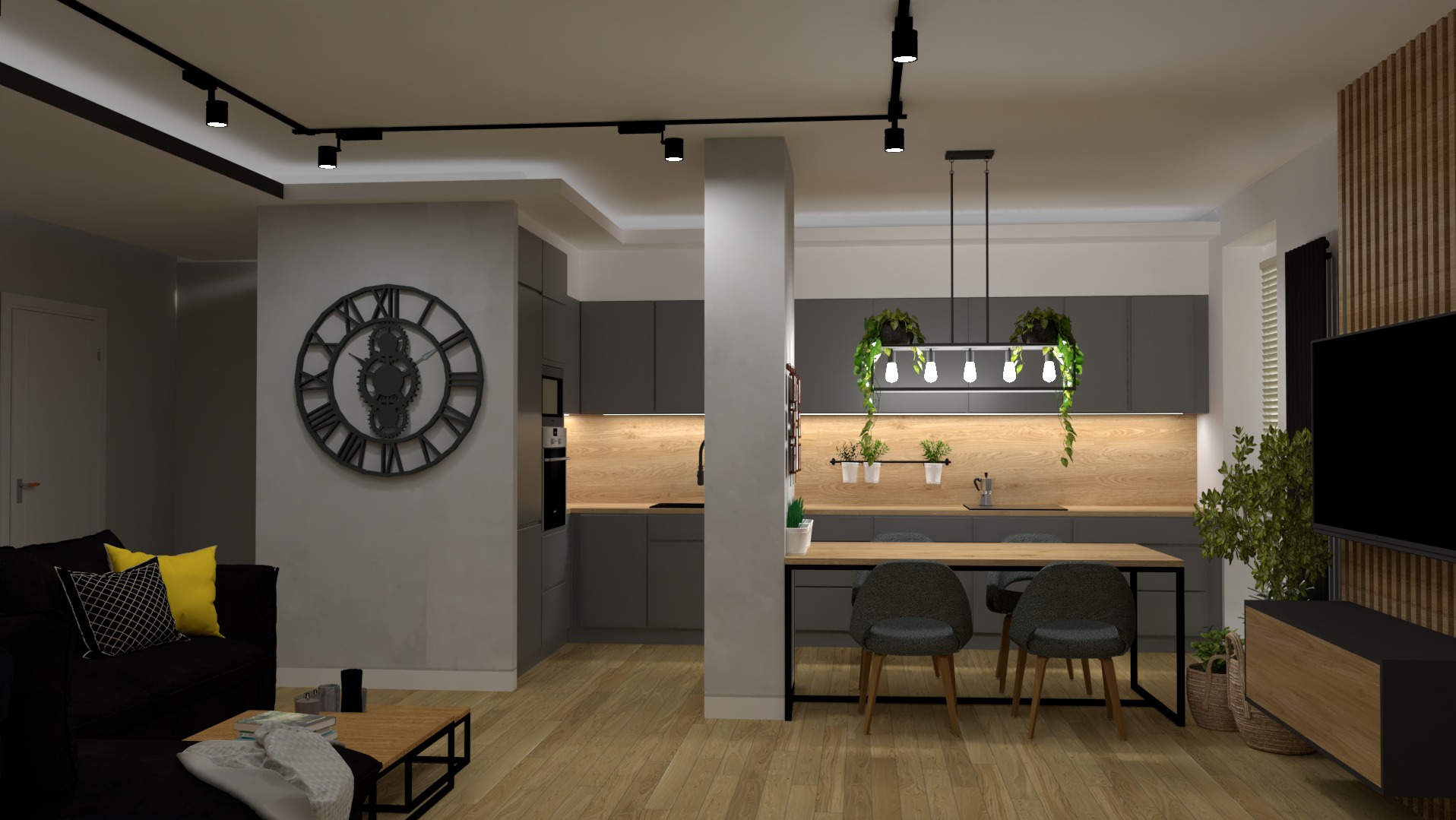 Wnętrze mieszkania w stylu nowoczesnym z otwartą kuchnią, szare szafki kuchenne z drewnianym blatem, duży zegar na ścianie, czarna sofa z żółtymi poduszkami i drewniany stół z krzesłami.
