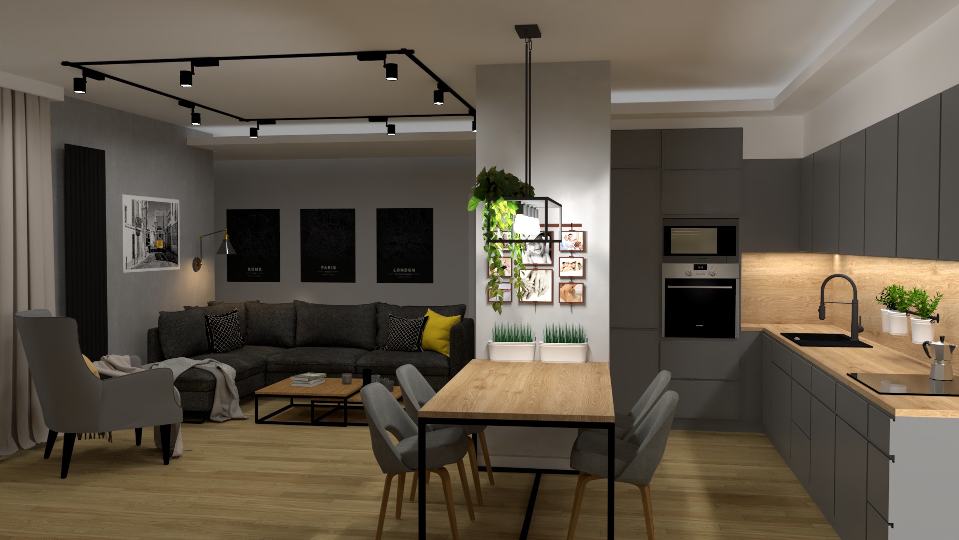 Nowoczesne wnętrze mieszkania: szara sofa narożna z żółtą poduszką, drewniany stolik kawowy, szare krzesło, stół jadalny z drewnianym blatem, szare szafki kuchenne z drewnianym blatem, czarna...