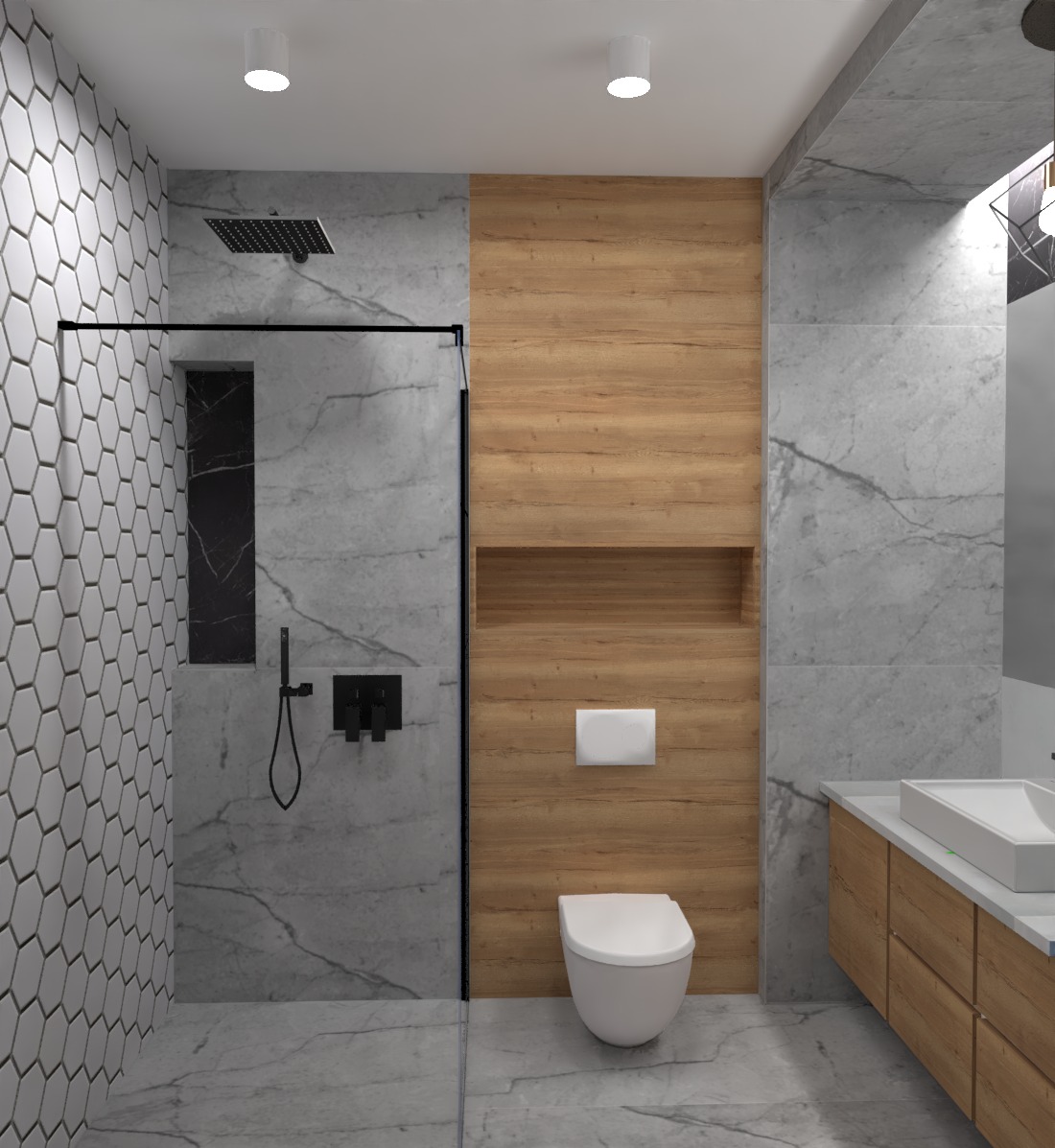Wizualizacja nowoczesnej łazienki z kabiną prysznicową typu walk-in, heksagonalnymi płytkami na ścianie, drewnianą zabudową ściany z wnęką i podwieszaną toaletą oraz umywalką nablatową...