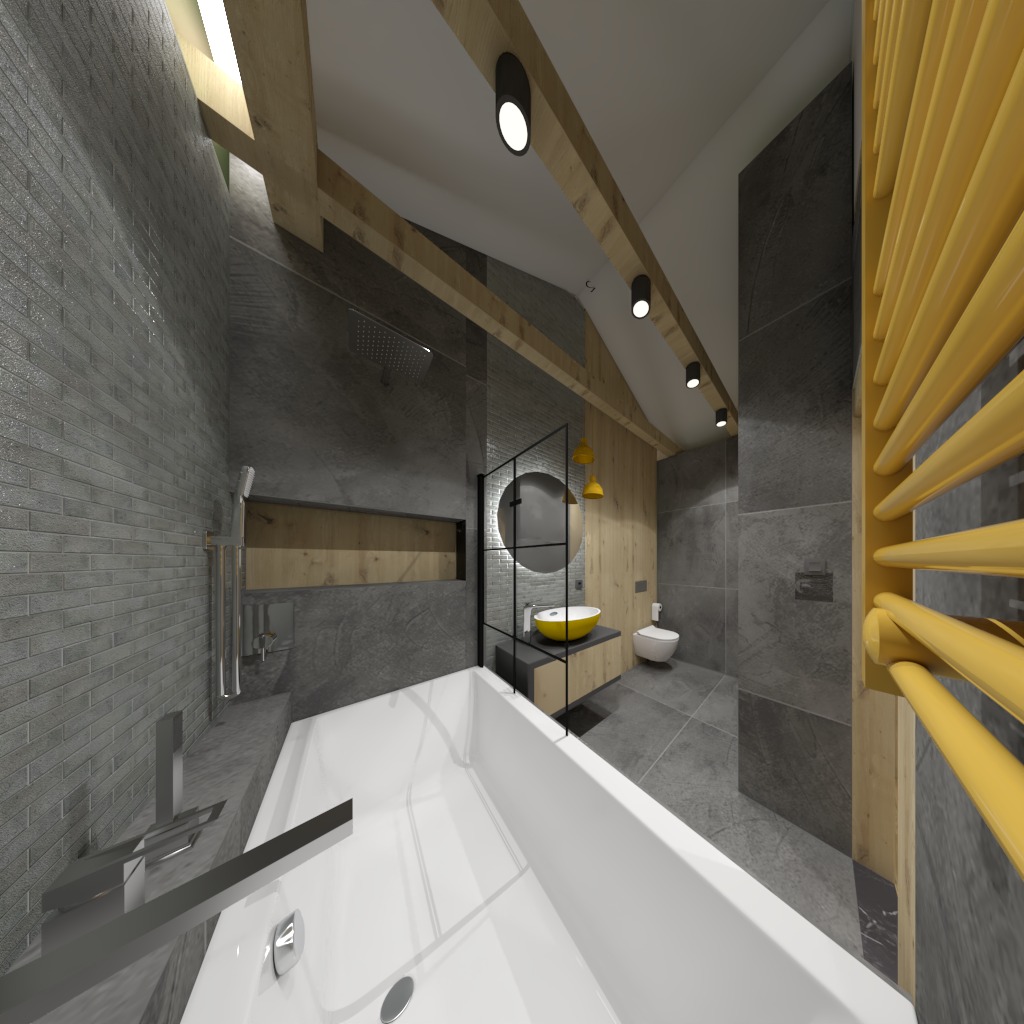 Wnętrze łazienki w szarościach z drewnianymi belkami stropowymi, białą wanną i umywalką w kolorze żółtym, okrągłe lustro z czarną ramą, grzejnik drabinkowy w kolorze żółtym.