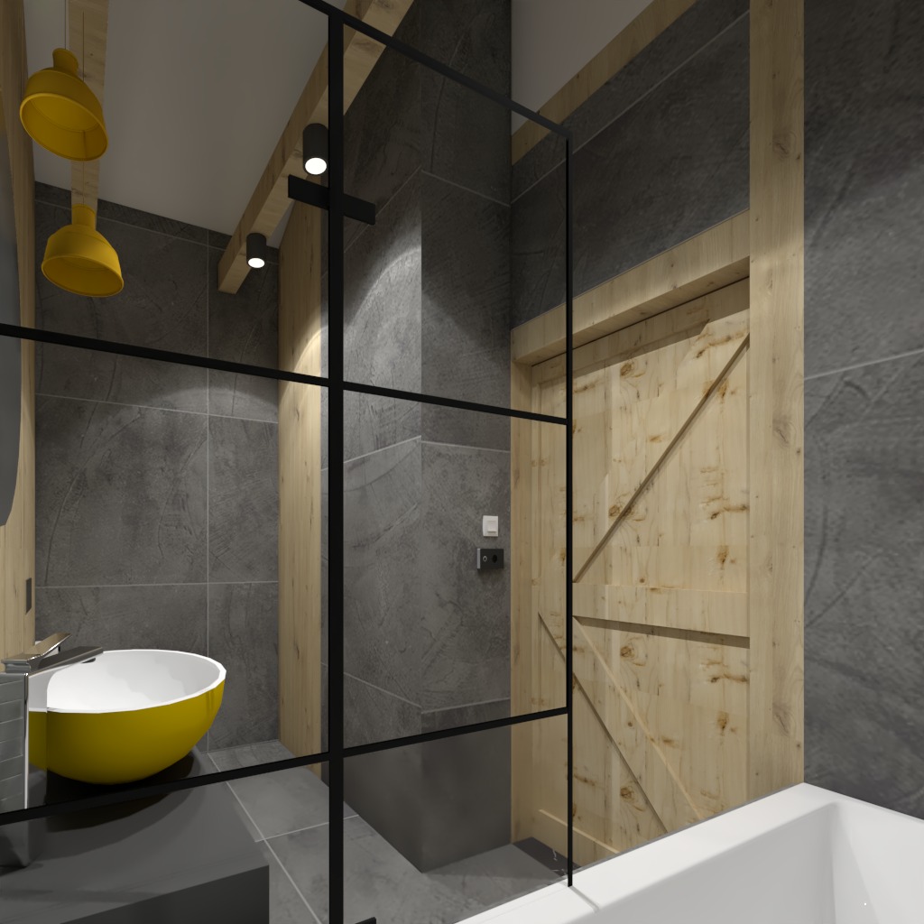 Wizualizacja łazienki z szarą, kamienną okładziną ścian, żółtą umywalką nablatową, drewnianą ramą prysznica i drzwiami z surowego drewna.