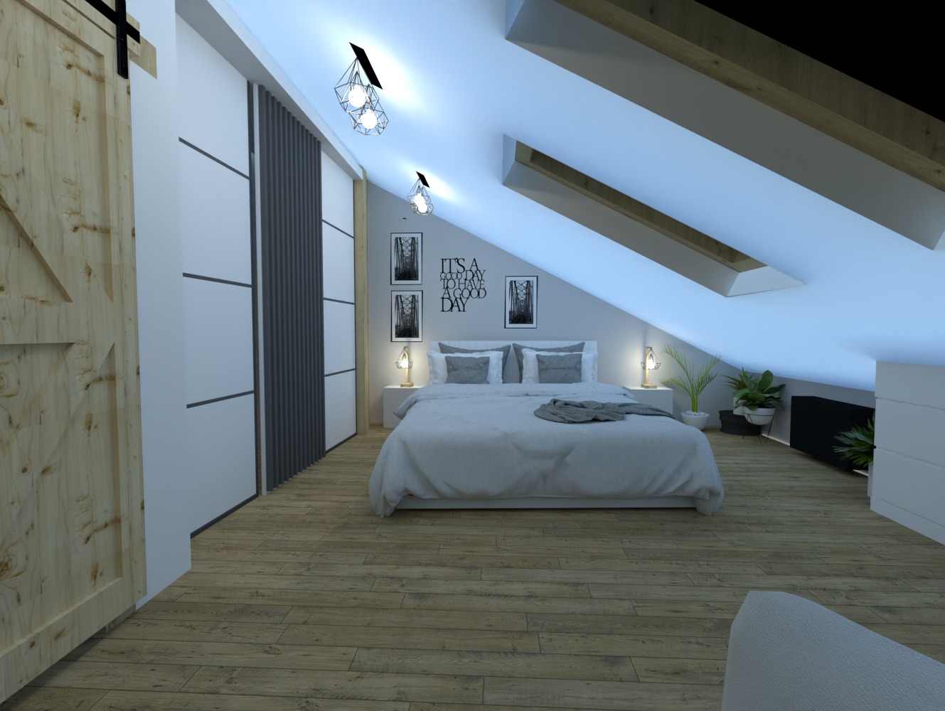 Jasna sypialnia na poddaszu z drewnianą podłogą, dużym łóżkiem, szafą z przesuwnymi drzwiami i dekoracyjnymi lampami wiszącymi. Na ścianie grafiki w czarnych ramkach.