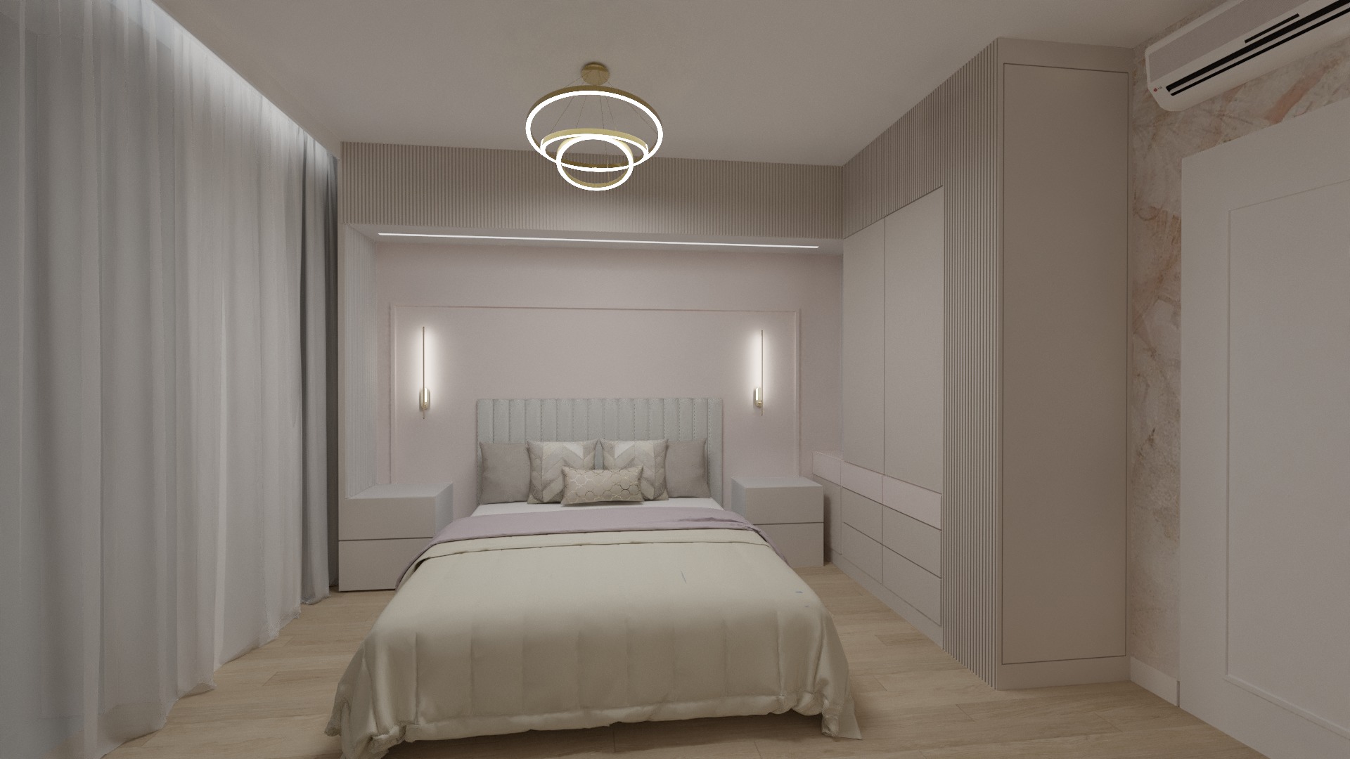 Jasna sypialnia w minimalistycznym stylu z łóżkiem z szarym wezgłowiem, szafkami nocnymi, lampami ściennymi i trzypoziomową okrągłą lampą sufitową.