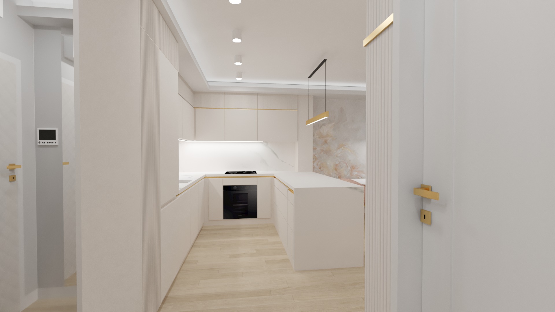 Jasna kuchnia z białymi frontami szafek, złotymi akcentami i marmurowym blatem, widoczna z perspektywy wnętrza przez otwarte drzwi.