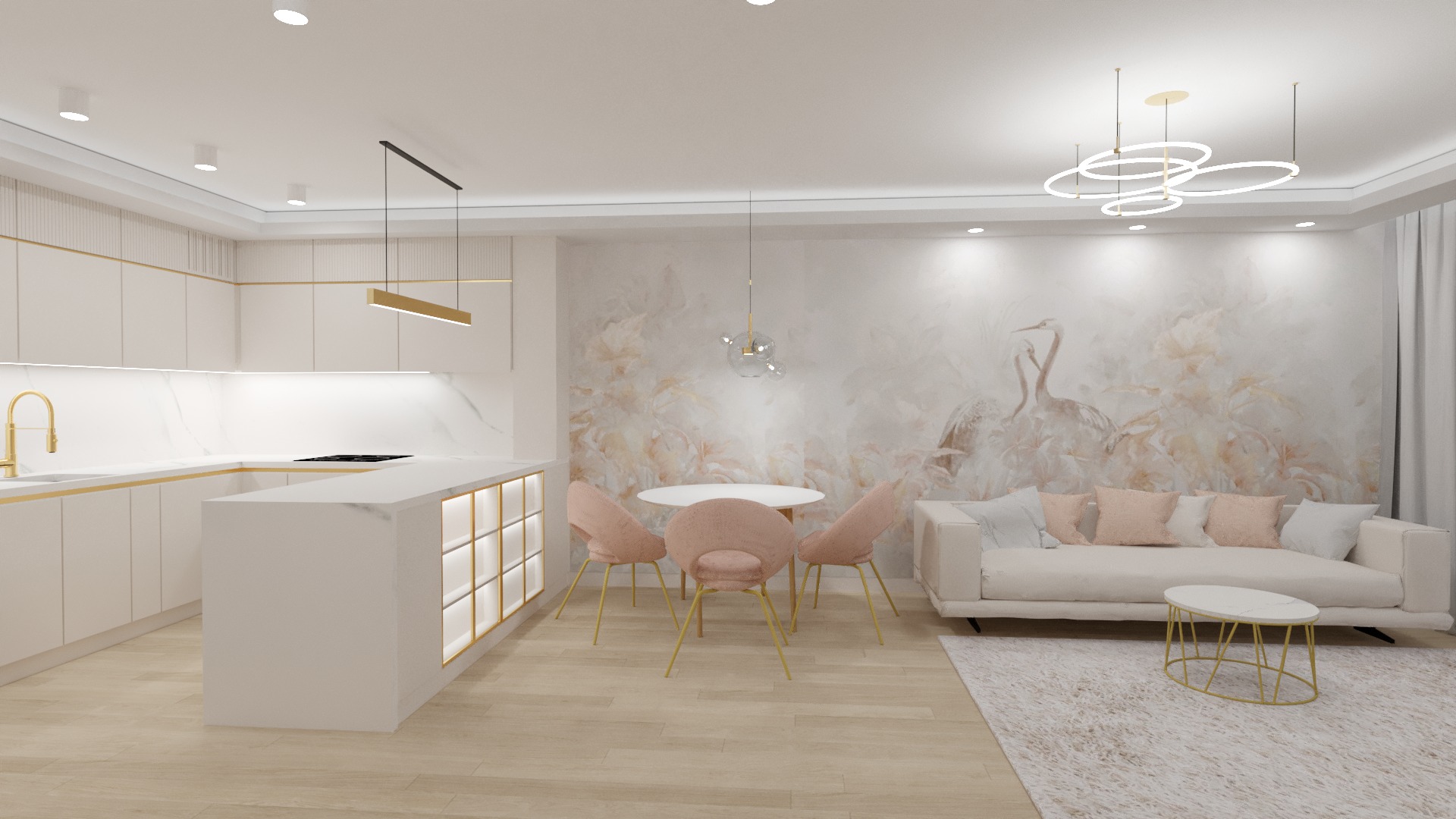 Jasne, przestronne wnętrze mieszkania z otwartą kuchnią, jadalnią i salonem. Białe meble kuchenne z złotymi akcentami, marmurowy blat, okrągły biały stół z różowymi krzesłami, sofa w kolorze ecru...