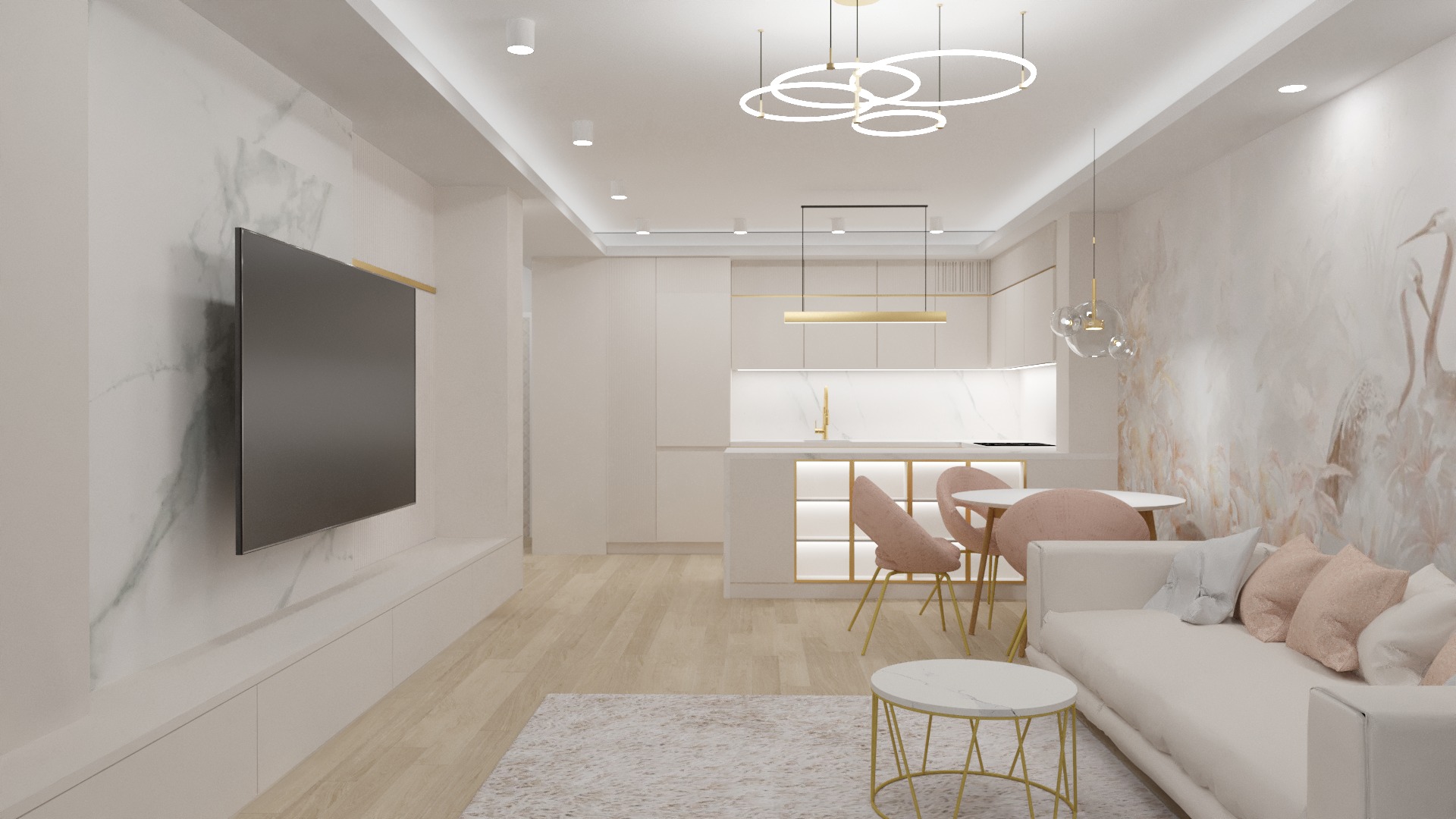 Wizualizacja jasnego, nowoczesnego wnętrza mieszkania z marmurową ścianą, telewizorem, aneksem kuchennym, okrągłym stołem i różowymi krzesłami.