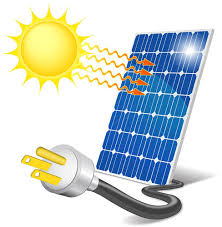 Ilustracja panelu fotowoltaicznego z wtyczką i stylizowanym słońcem, symbolizująca energię słoneczną.