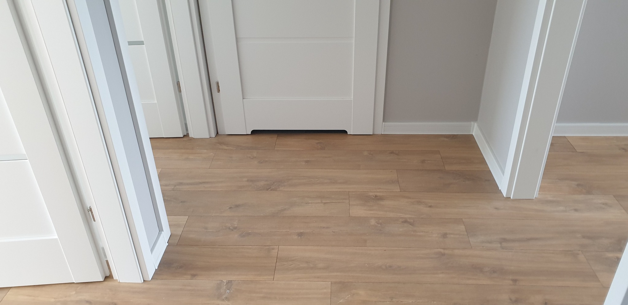 Jasne panele podłogowe ułożone w korytarzu z trzema białymi drzwiami, widok z niskiej perspektywy.