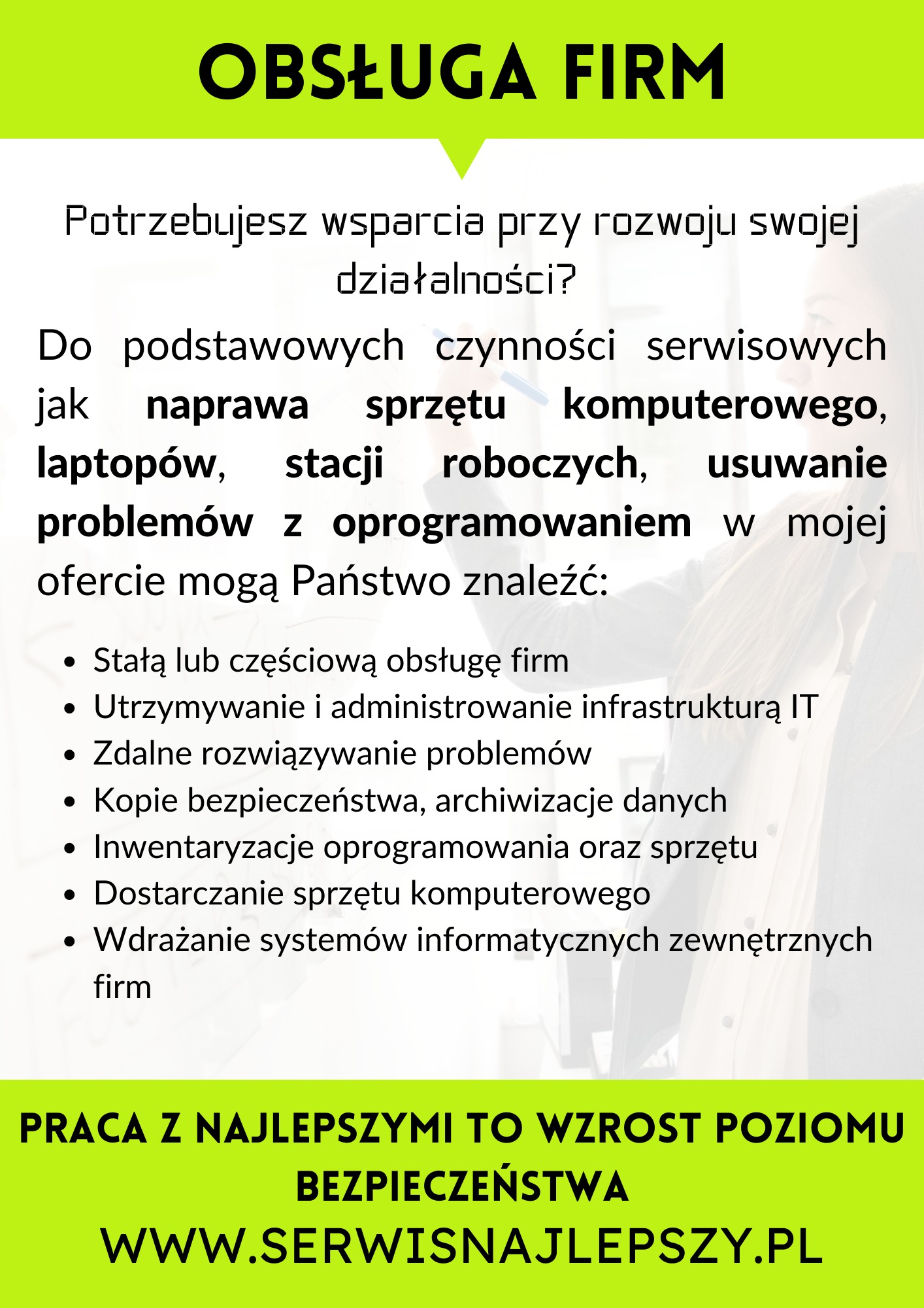 Grafika reklamowa z tekstem o usłudze obsługi firm w zakresie napraw sprzętu komputerowego, laptopów, stacji roboczych i rozwiązywania problemów z oprogramowaniem, z listą dodatkowych usług jak...