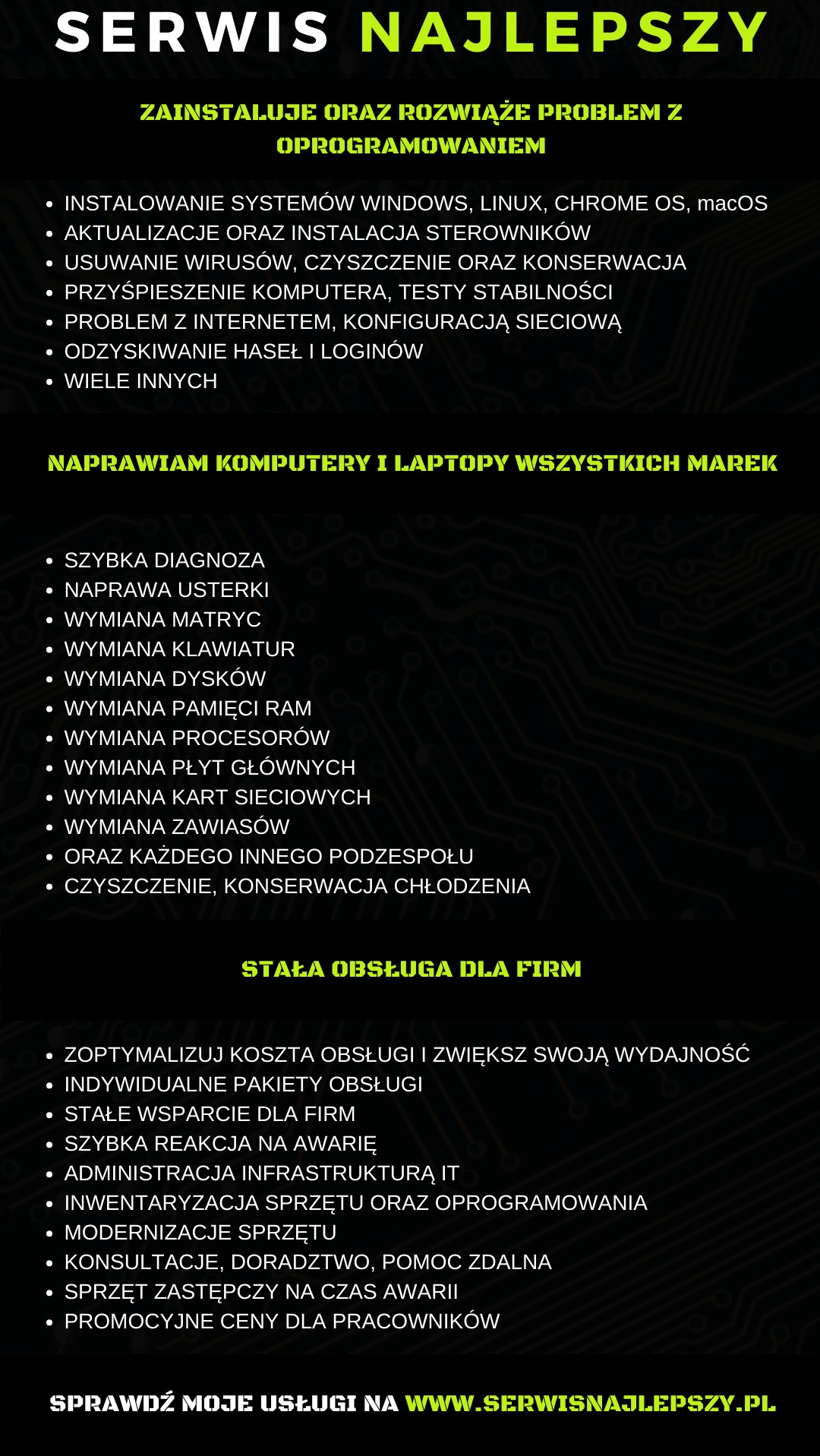 Plakat reklamowy serwisu komputerowego oferującego instalację oprogramowania, usuwanie wirusów, naprawę laptopów, stałą obsługę dla firm oraz inne usługi związane z komputerami i sieciami,...