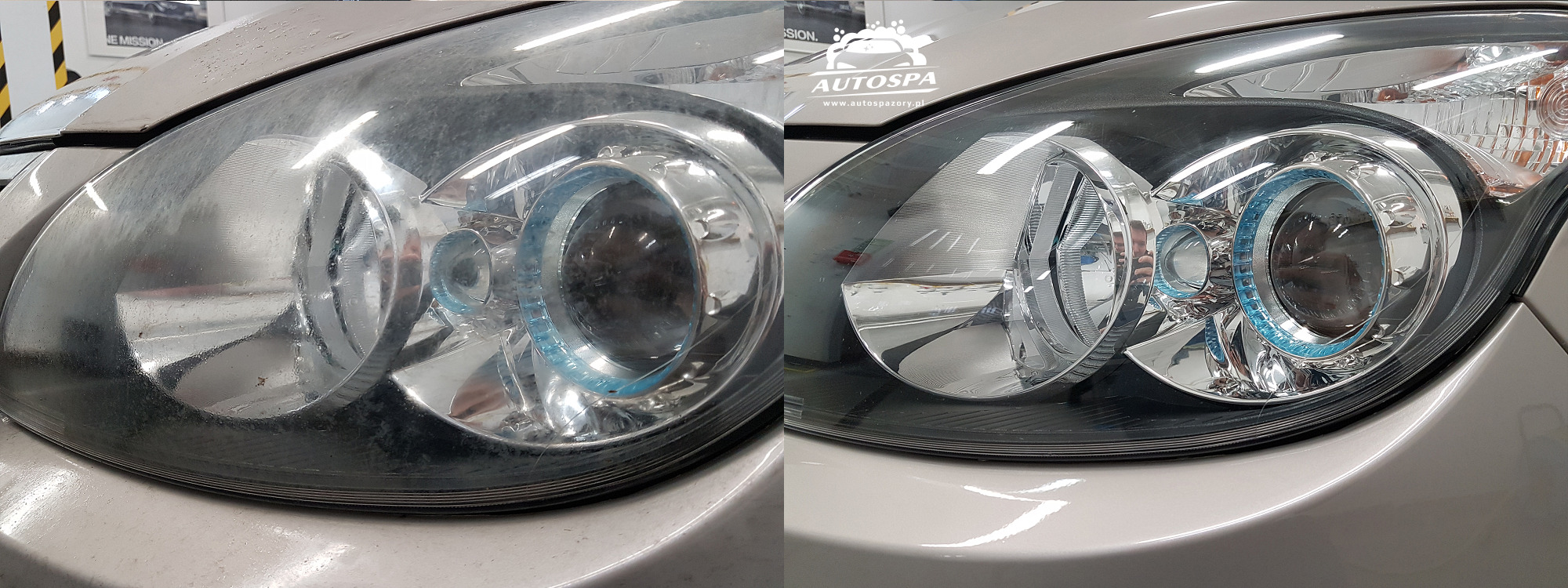 Reflektor samochodowy przed i po czyszczeniu, wyraźna różnica w przejrzystości klosza.