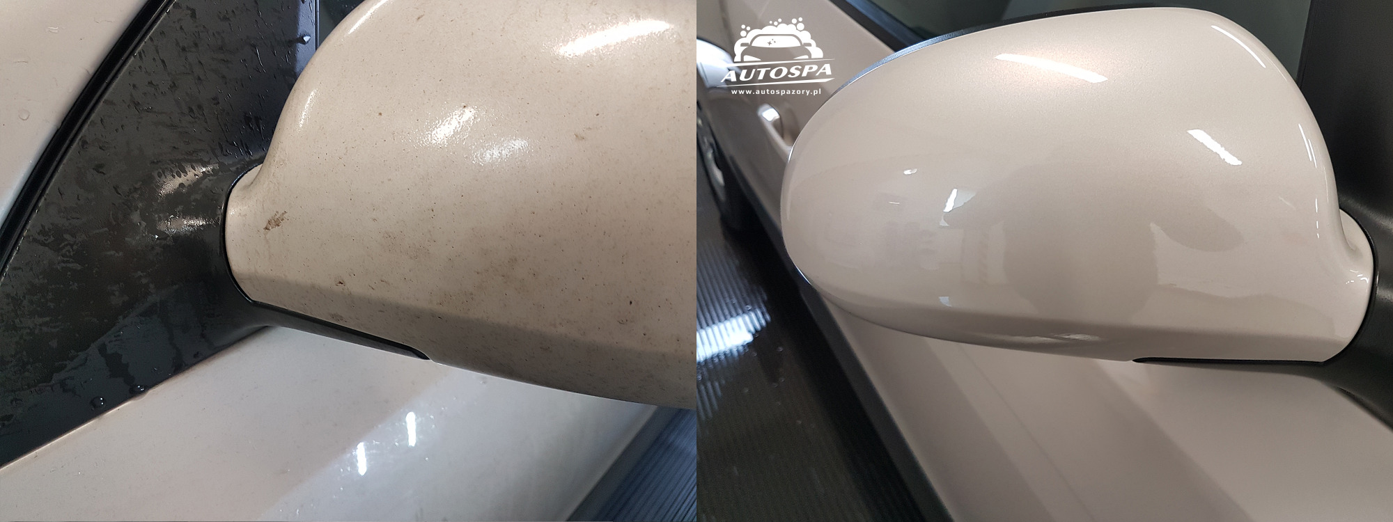 Porównanie: lusterko samochodowe po lewej stronie brudne, po prawej czyste po umyciu w myjni, widoczne logo firmy AutoSpa.