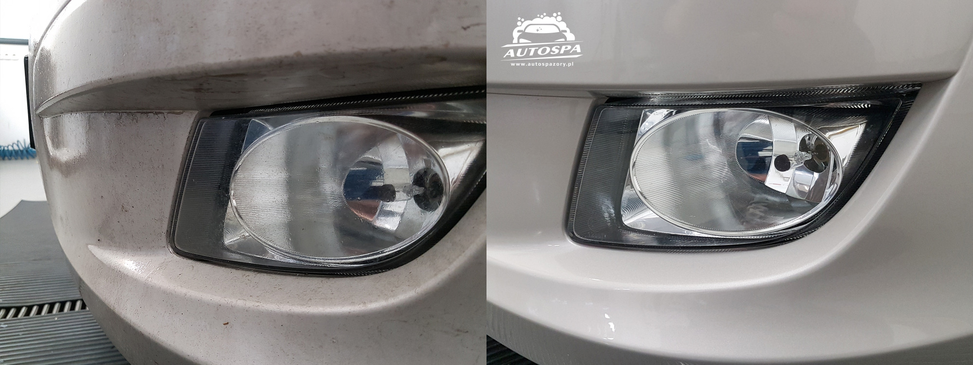 Porównanie przed i po: reflektor przeciwmgielny samochodu - strona po lewej brudna, strona po prawej czysta i lśniąca, z widocznym logo Autospa w górnym prawym rogu.
