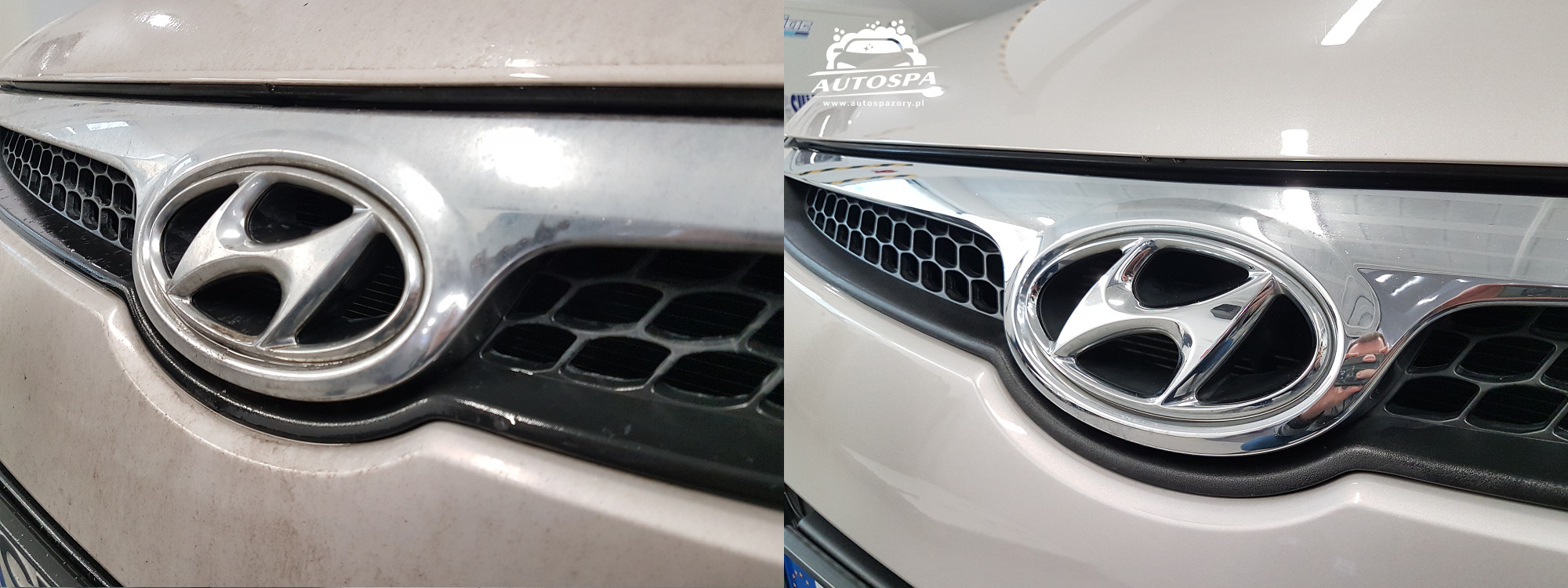 Porównanie stanu przed i po czyszczeniu grilla samochodu, widoczne zabrudzenia i efekt polerowania chromu.