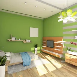 Wnętrze pokoju z zielonymi ścianami, drewnianą podłogą i designerską lampą w kształcie kwiatu, ukazujące aranżację z półkami na książki i telewizorem.