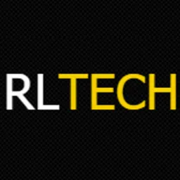 Logo firmy RLTECH na czarnym tle z delikatną siatką. Litery 'RL' w kolorze białym, 'TECH' w kolorze żółtym.
