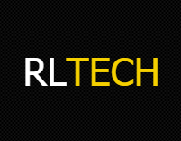Logo firmy RLTECH na czarnym tle z delikatną siatką. Litery 'RL' w kolorze białym, 'TECH' w kolorze żółtym.