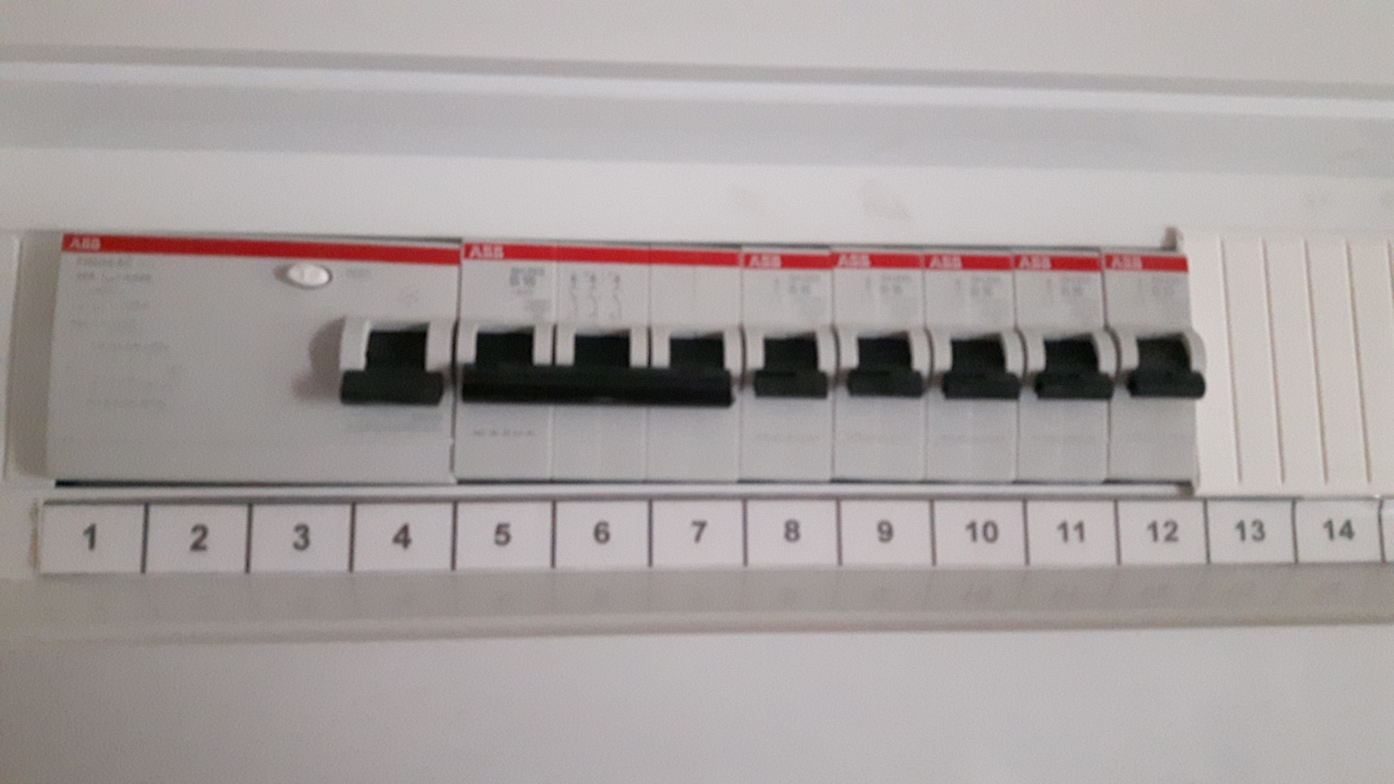Szczegółowe ujęcie tablicy rozdzielczej ABB z widocznymi bezpiecznikami i numeracją od 1 do 14, kilka bezpieczników jest w pozycji wyłączonej.