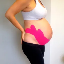 Kobieta w ciąży z różowymi plastrami kinesiotaping na brzuchu, ubrana w sportowy top i czarne legginsy, stojąca bokiem na jasnym tle.