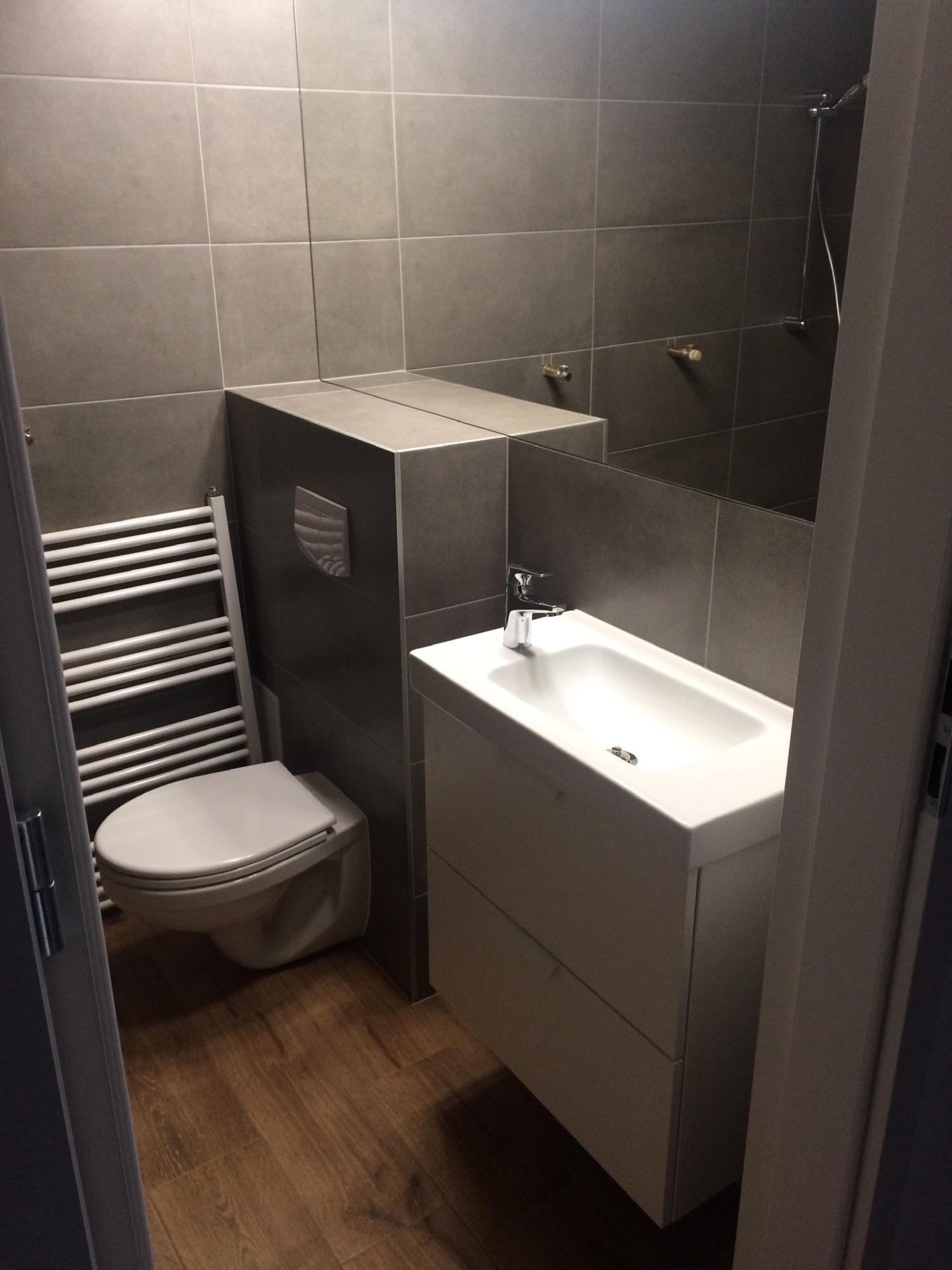 Nowoczesna łazienka z szarymi płytkami, wiszącą toaletą z grzejnikiem drabinkowym, białą umywalką z szafką i lustrem na ścianie, widok zza uchylonych drzwi.