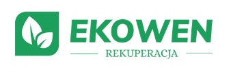 Zielone logo firmy Ekowen Rekuperacja z symbolem dwóch liści w kwadracie.