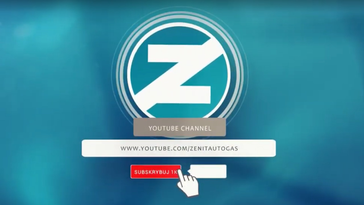 Animowane logo kanału YouTube z symbolem litery Z w okręgu na niebieskim tle, z tekstem 'YouTube Channel', adresem strony internetowej i przyciskiem 'Subskrybuj 1K' z kursorem dłoni