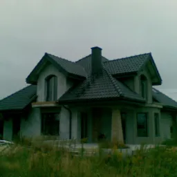 Niedokończony dom murowany z ciemną dachówką, widoczne szare tynki zewnętrzne i komin, otoczony wysoką trawą i chwastami na pochmurnym tle.