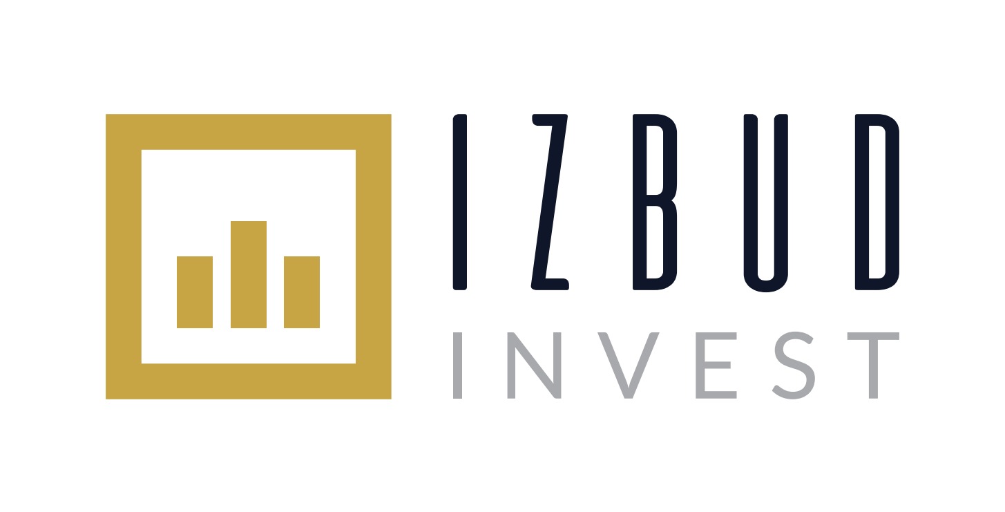 Logo firmy budowlanej IZBUD INVEST z grafiką słupkową w złotym kwadracie i ciemnoniebieskim napisem IZBUD oraz szarym napisem INVEST.