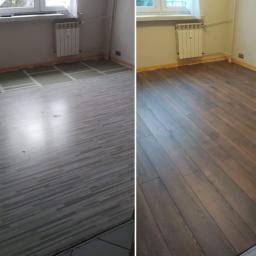 AM-Home kompleksowe usługi wykończeniowe - Porównanie: Pokój przed i po ułożeniu paneli podłogowych, widoczne panele w odcieniach szarości oraz brązowe panele drewnopodobne, grzejnik pod oknem.